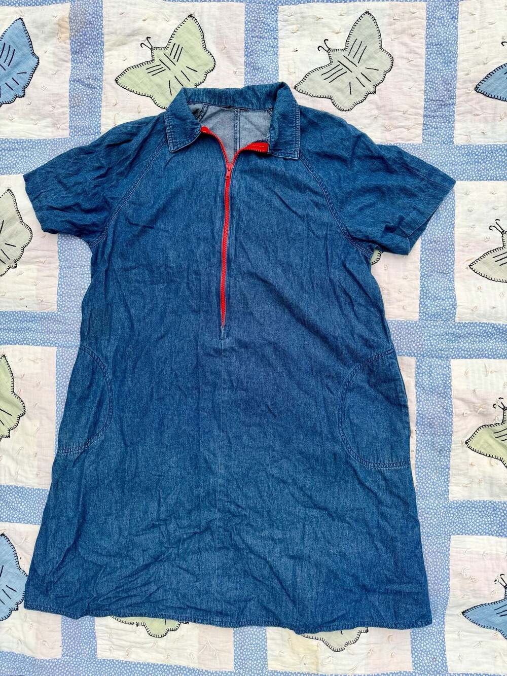 Handmade Vintage Denimwear Front-Zip Short Sleeve Dress